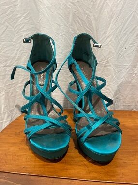 Adrienne Maloof Teal Strappy Platform Heels